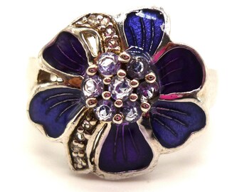 Genuine Tanzanite & Blue Topaz Sterling Silver Ring - White Gold Plated, Tulip Flower Design, Size 6 - View #9