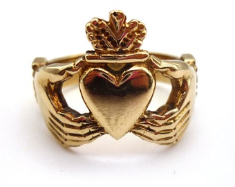 Large Gold Claddagh Ring, Vintage 9ct Solid Gold Men's Irish Wedding Band Size 8.75