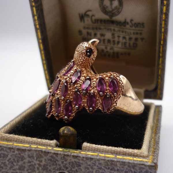 Sterling Silver Rose Gold Vermeil Bird Cocktail Ring Decorated with Pink Sapphires