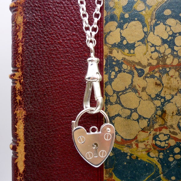 Long Silver Belcher Chain with Albert Clasp & Heart Padlock Charm, Antique Style Necklace for Layering