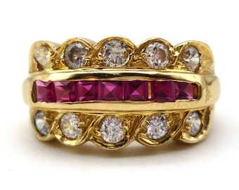 Chunky Yellow Gold Band Size 6.25 Set With Square Pink Gemstones