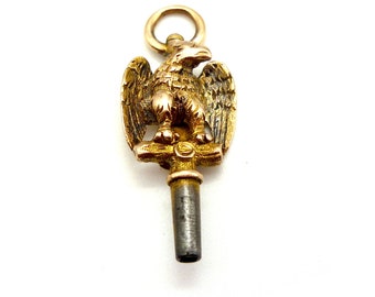 Antiker Gold Taschenuhr-Schlüssel, viktorianischer Fob für Kette, Adler-Anhänger aus massivem Gold