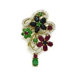 Pino de broche de rubi, safira, esmeralda e diamante, pingente de flor de pedra preciosa imobiliária, joias tailandesas em ouro 14k