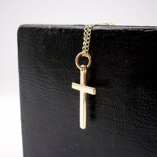 Solid Gold Crucifix Pendant on Chain, Small Plain Gold Cross Necklace