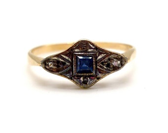 Art Deco Sapphire & Diamond Ring Size 4.45, Antique 18k Gold and Platinum Engagement Ring