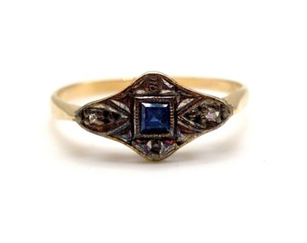 Art Deco saffier- en diamanten ring maat 4,45, antieke 18k gouden en platina verlovingsring