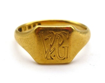 Antique Solid Gold Signet Ring Size 8, 18k Yellow Gold Ring with Monogram