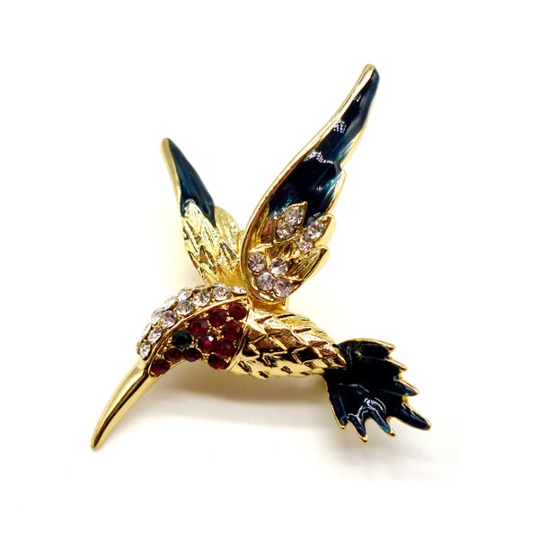 Vintage Hummingbird Brooch, Rhinestone Diamante Crystal Bird Pin