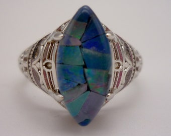 Australian Mosaic Opal Ring: Large Sterling Silver, Size 6.75