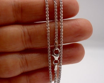 18k Solid White Gold Wheat Chain, 16 Inch Rhodium Plated Men's Spiga Necklace