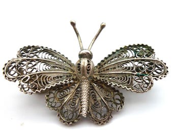 Antike filigrane Schmetterling Brosche: Jugendstil Silber Anstecknadel
