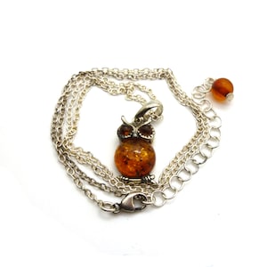 Vintage Sterling Silver & Amber Owl Pendant on Chain