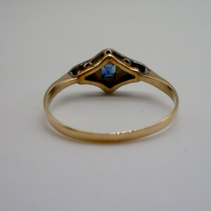 Art Deco saffier en diamanten ring maat 4,45, antieke 18k gouden en platina verlovingsring afbeelding 7