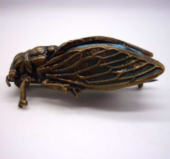 Antique Cicada Brooch, Turquoise Insect Pin - image 5