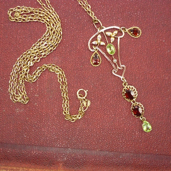Antique Lavalier Pendant set with Garnets & Perid… - image 3