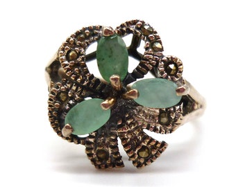 Green Stone & Marcasite Silver Ring