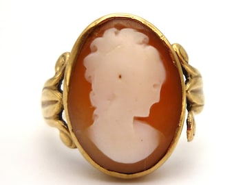 Antique Shell Cameo Ring in 9k Gold, Victorian Portrait Jewellery