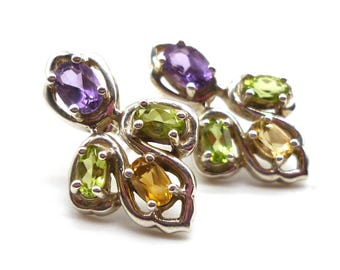 Orecchini con pietre preziose di ametista, peridoto e citrino, orecchini in argento sterling con più pietre