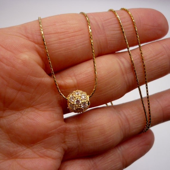 Vintage 9ct Crystal Set Ball on Chain, Gold Pave … - image 2