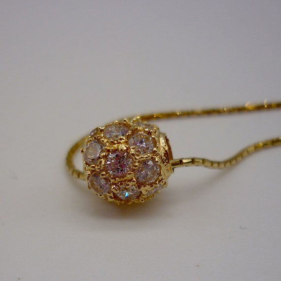 Vintage 9ct Crystal Set Ball on Chain, Gold Pave … - image 7