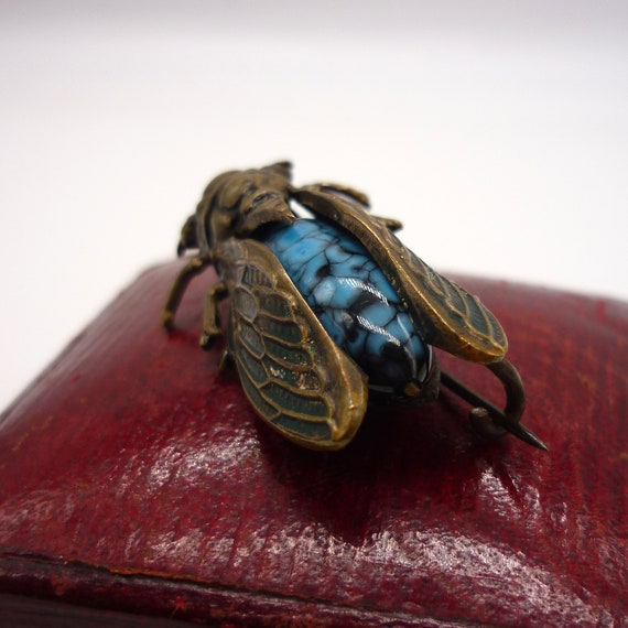 Antique Cicada Brooch, Turquoise Insect Pin - image 8