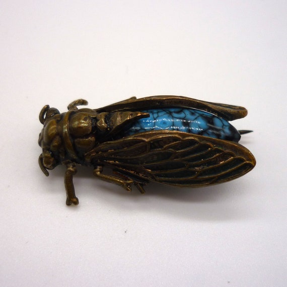 Antique Cicada Brooch, Turquoise Insect Pin - image 10