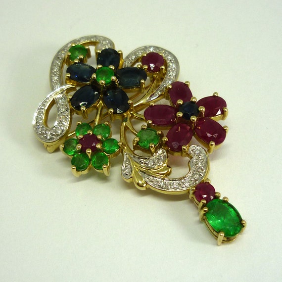 Ruby, Sapphire, Emerald & Diamond Brooch Pin, Est… - image 3