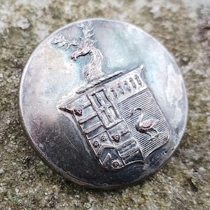 Victorian Livery Button Brooch, Antique Military Coat of Arms, Heraldic Family Crest, Heraldry Pin Badge, Silver Stag and Swan Shield