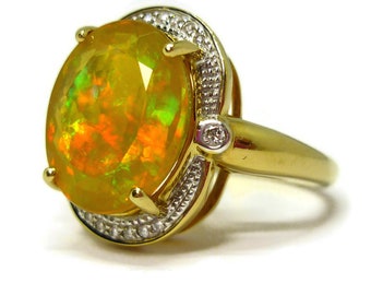 Faceted Opal Ring with Diamond Surround, 18k Gold Dress Ring Size 6.75
