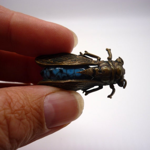 Antique Cicada Brooch, Turquoise Insect Pin - image 6