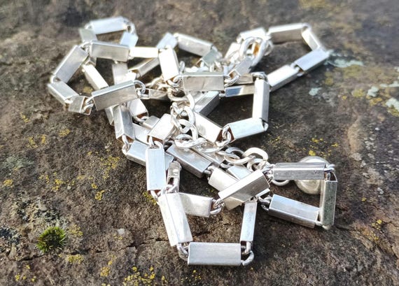 Vintage Long Chunky Silver Tone Rectangular Bar C… - image 1