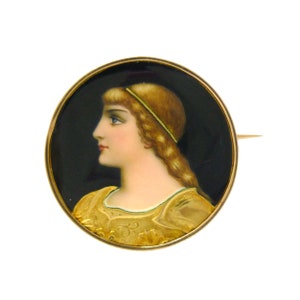 Antique French Joan of Arc Brooch: 18k Gold Limoges Enamel Portrait