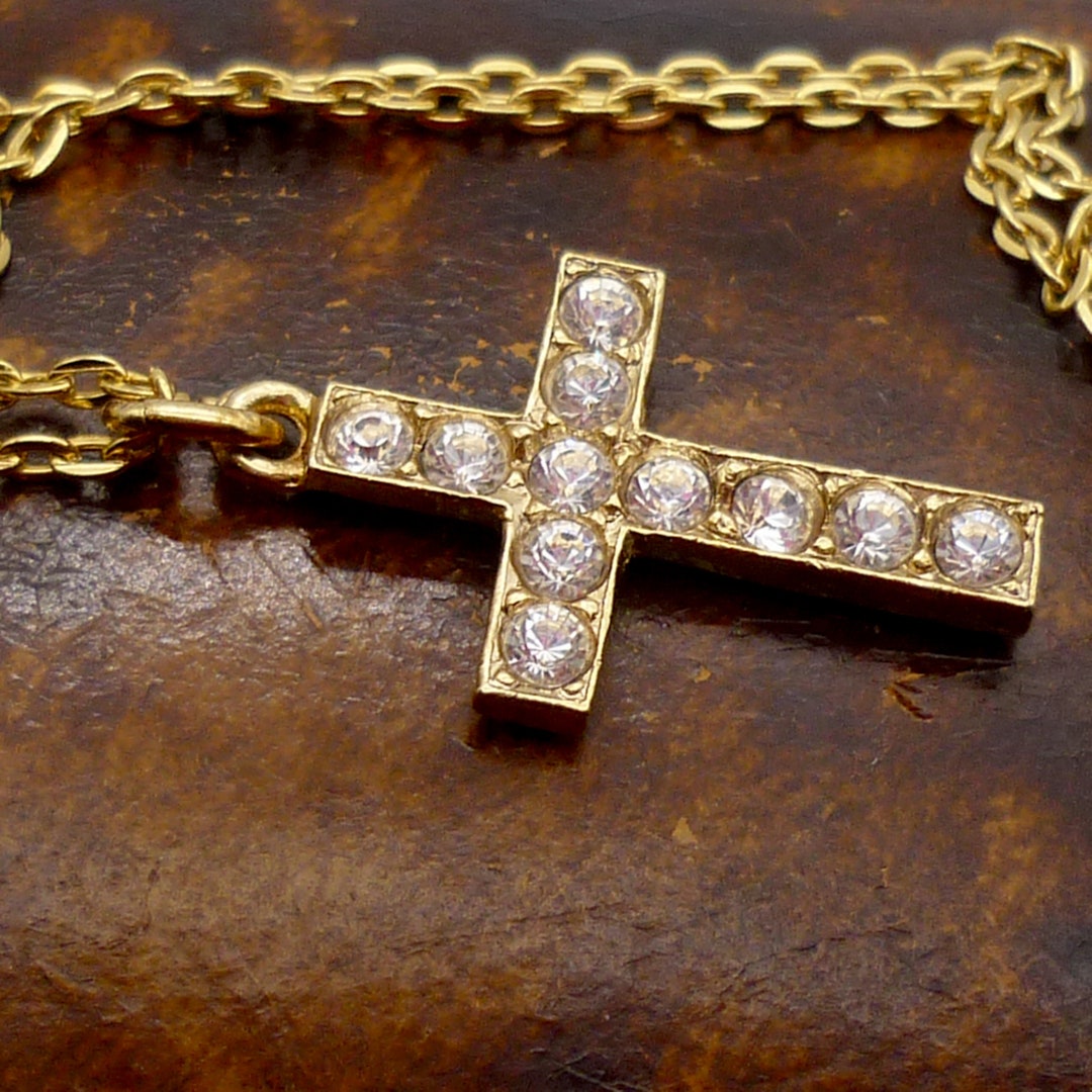 Vintage Gold Plated Rhinestone Cross Pendant on Chain - Etsy