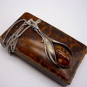 Large Amber and Silver Pendant on Chain