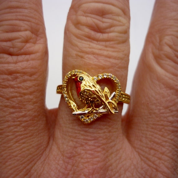 Gold Plated Robin & Heart Ring, Sterling Silver T… - image 5