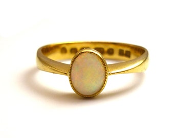 Victorian Romantic Era Opal Engagement Ring Size 8.25, Antique 22k Gold Ring from 1850s
