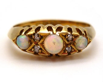 Antique Opal Diamond Ring: 18k Yellow Gold Trilogy Ring, Size 6.25