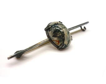 Antike 935 Silber Stab Brosche mit Moosachat Cabochon