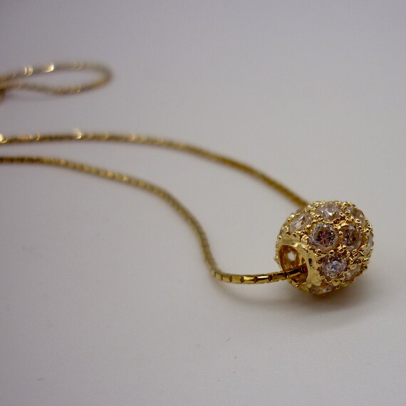 Vintage 9ct Crystal Set Ball on Chain, Gold Pave … - image 5