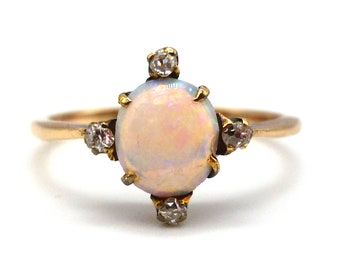 Antique Opal & Diamond Compass Ring, Victorian Romance Dainty Gold Ring, North South East West