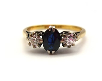 Antique Sapphire & Old Cut Diamond Trilogy Ring Size 6.75 -  UK Size N