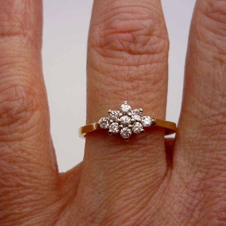 May include: A gold ring featuring a cluster of small, round, clear gemstones arranged in a starburst pattern. The ring is set on a slender gold band. The ring is shown on a finger.