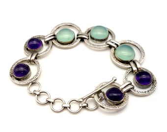 Blau Chalcedon & Amethyst Chain Link Silber Armband mit Bezel Set Edelstein