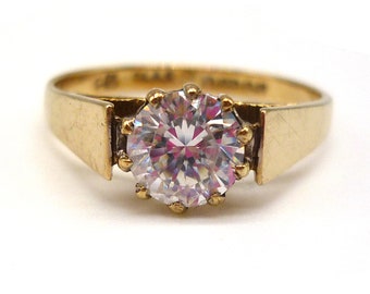 Yellow Gold Band with CZ Solitaire, Vintage Engagement Ring Size 6