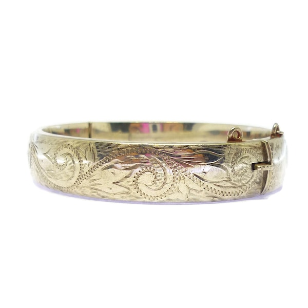 Victorian Revival Acanthus Leaf Pattern Silver Bangle, Boho Hippie Engraved Sterling Hinged Bracelet, Sixties Floral Jewelry