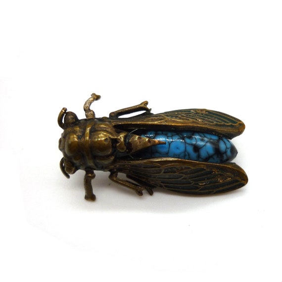 Antique Cicada Brooch, Turquoise Insect Pin - image 1