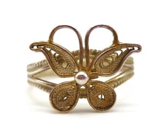 Vintage Sterling Silver Filigree Butterfly Ring, Adjustable Band