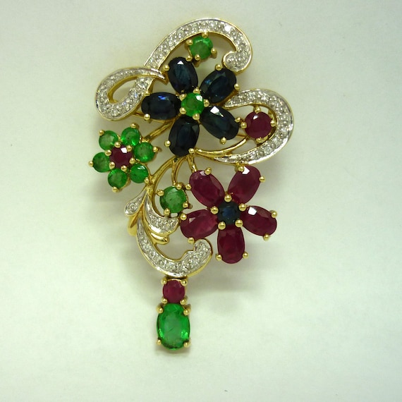 Ruby, Sapphire, Emerald & Diamond Brooch Pin, Est… - image 2