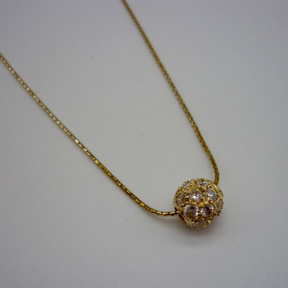 Vintage 9ct Crystal Set Ball on Chain, Gold Pave … - image 1