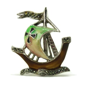 Enamel & Marcasite Viking Ship Brooch, 1950&#39;s Jewellery Vintage Boat Pin